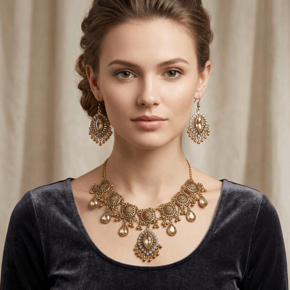 Metal Necklace Earrings Set Water Drop Pendant Ethnic Style Necklace Set  Wedding Party