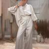 2024 Fall Urban-Chic Stand-Up Collar 3/4 Sleeve Cotton Linen Shirt Set