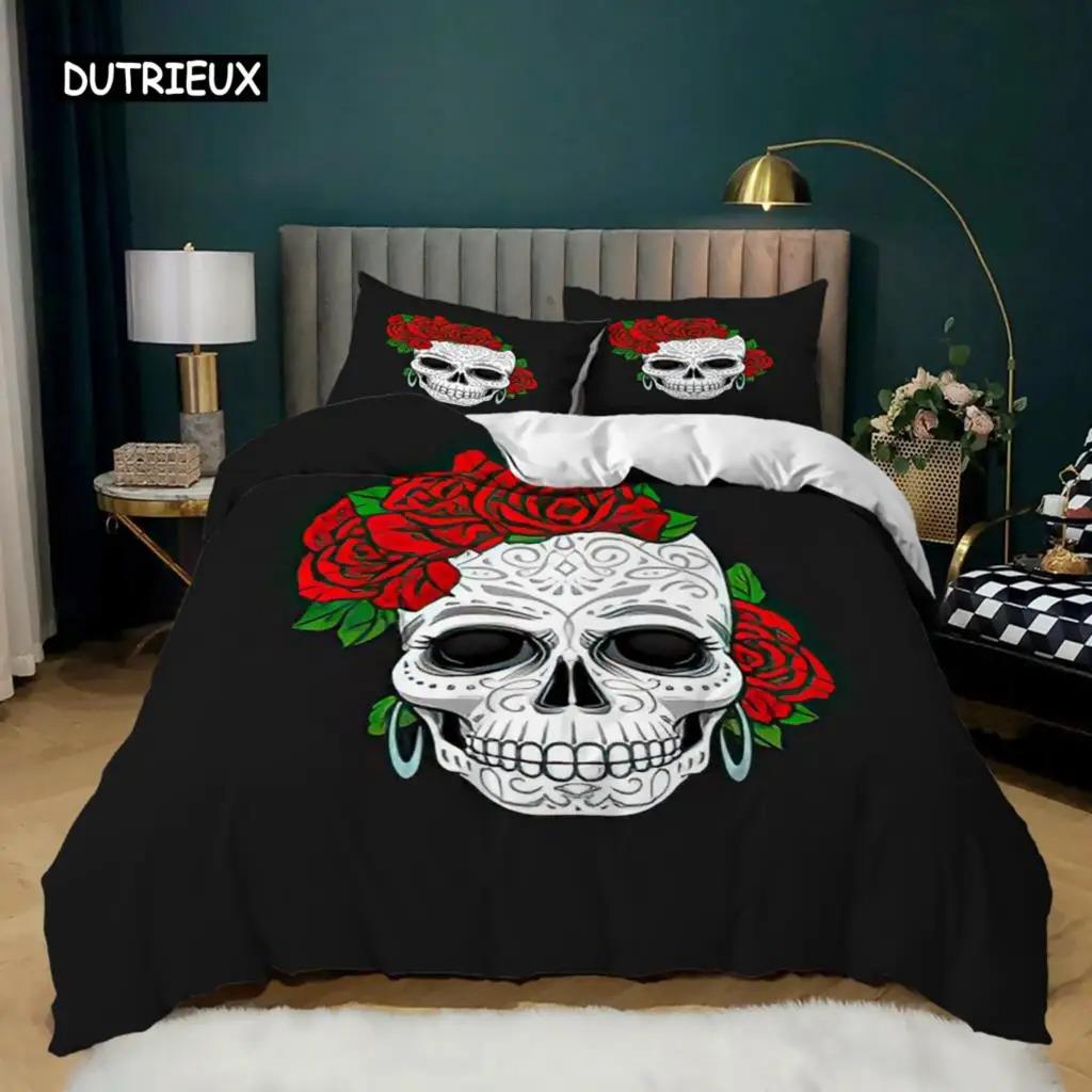 Пододеяльник с черепом Queen Size, готический скелет, комплект постельного белья, роза, полиэстер, одеяло, покрывало для детей, подростков, взрослых, Хэллоуин