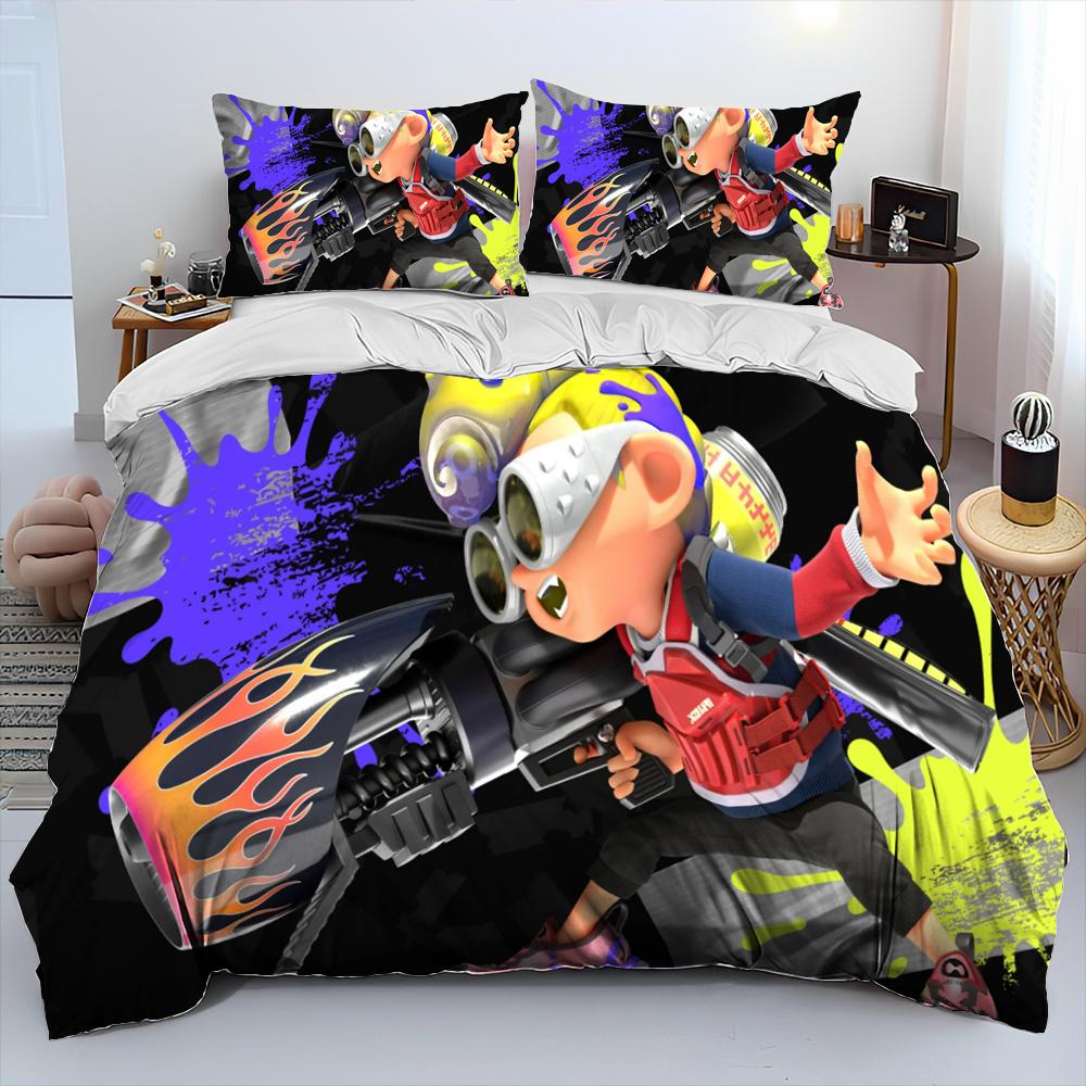 S-Splatoon Game Gamer Cartoon Comforter Bedding Set,Duvet Cover Bed Set Quilt Cover Pillowcase,King Queen Size Bedding Set Kids