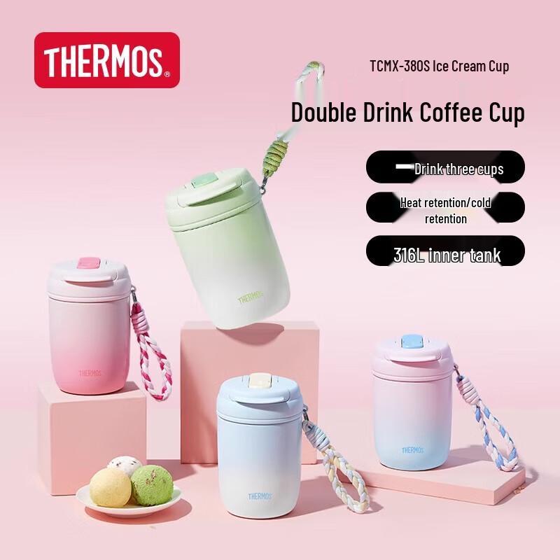 Thermos Термобутылка с двойной крышкой и соломинкой, 380 мл