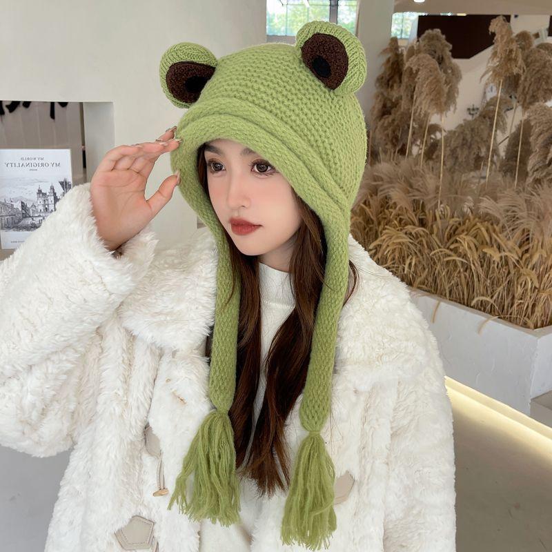 Шапка-лягушка, женская вязаная шапка, зимняя теплая, с кисточками, зимняя защита ушей, носок, зеленая шерстяная шапка