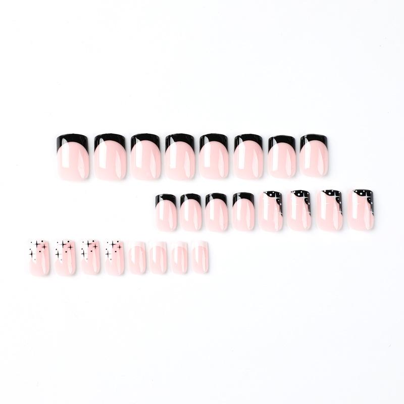 24Pcs/Set Quick Nails Black And White French Star False Nials Sticker Wearable Waterproof Manicure Finished Nails