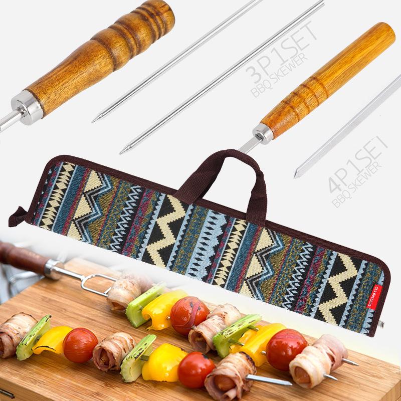 Korean Portable Outdoor BBQ Skewer Set: Stainless Steel U-Shaped Wooden Handle, 7-Piece.