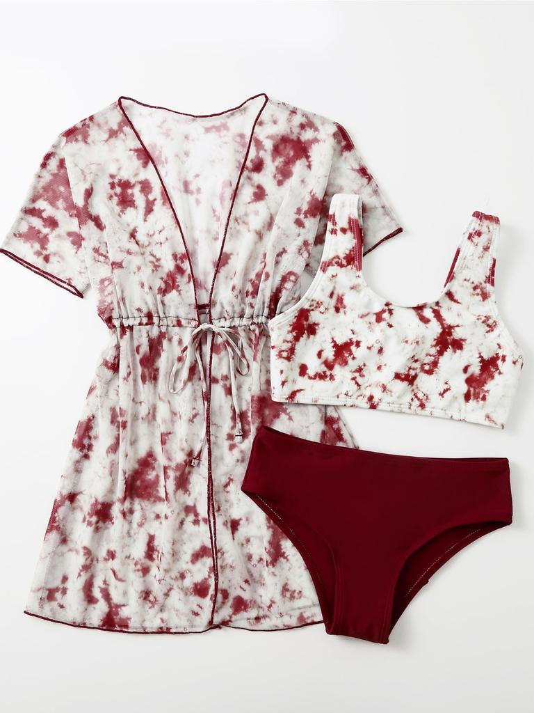 Tween Girls' Fashion 3 Pieces Floral Printed Swimwear Set Solid Tank Top Briefs and Short Sleeves Lace Up Cover-Up Swimsuit Children's Bathing Suit