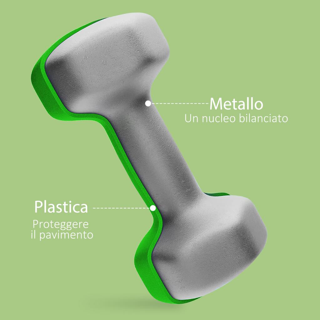 Set of 2 Dumbbells 3 kg Hexagonal and Non-Slip for Home and Gym, in Metal and Plastic, 18x8x8 cm, Green