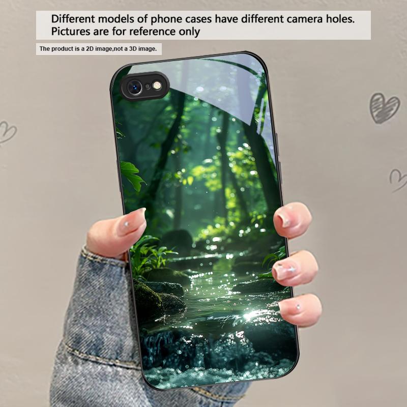 Рисунок «Лесной ручей» для iPhone 17 Air 16 E 15 Plus 14 Pro Max 13 12 mini 11 5 6 7 8 Plus XR XS Max SE Черный стеклянный чехол для телефона