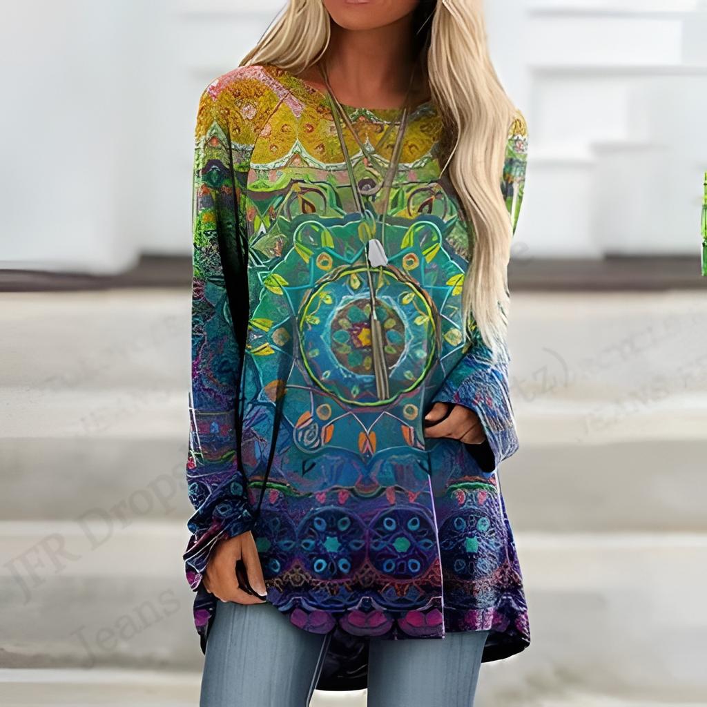 2025 Новая модная футболка с длинным рукавом, винтажный узор, 3D-принт, футболка для женщин, повседневная длинная футболка с круглым вырезом, женская верхняя одежда
