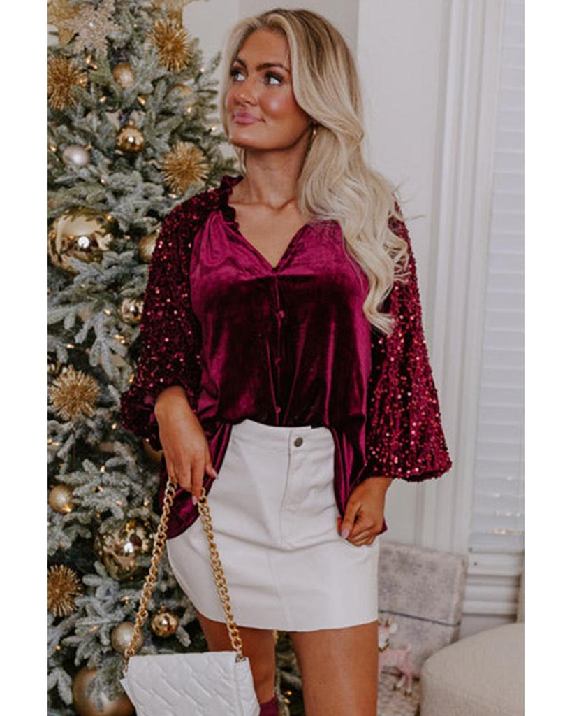 Azura Exchange Red Dahlia Sequin Patchwork Sleeve Button Up Velvet Top