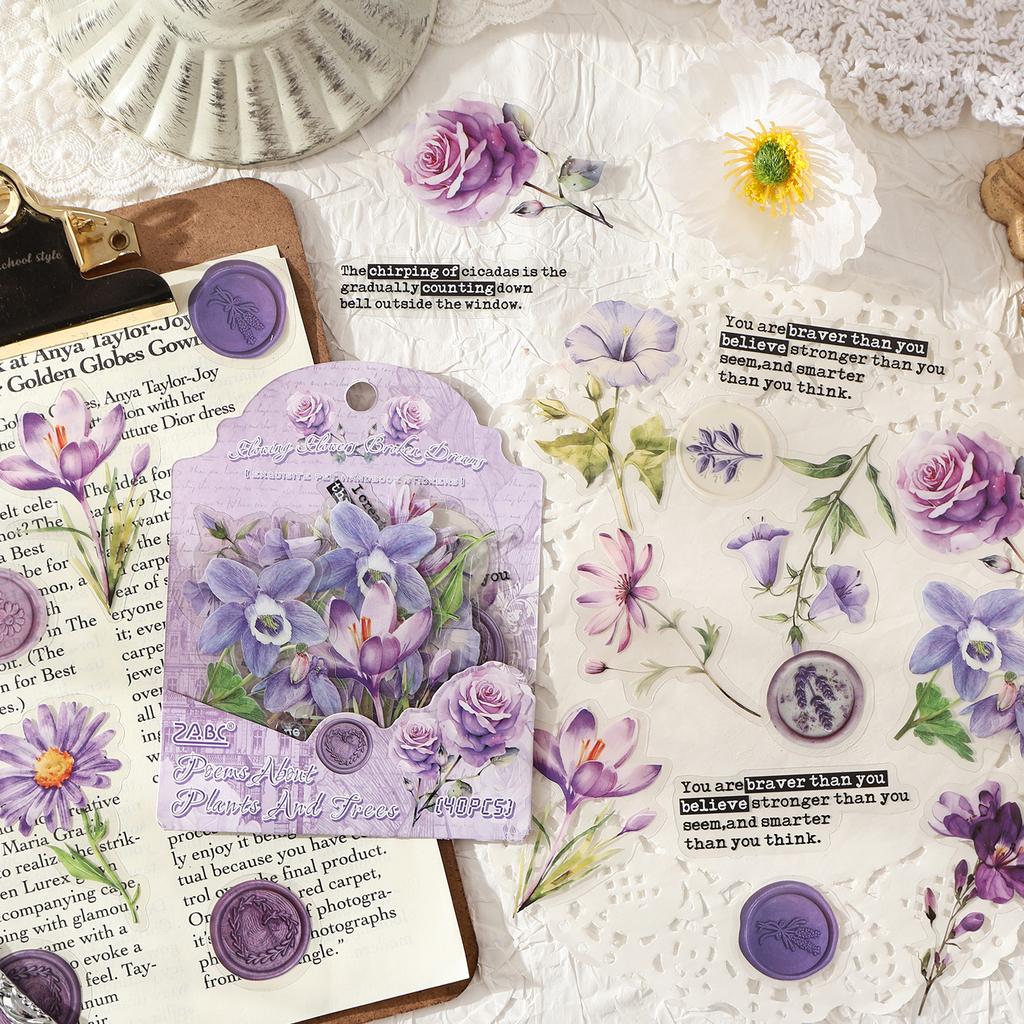 JIAMEI 40pcs Creative Flower Aesthetics Waterproof PET Stickers DIY Diary Scrapbook Decor Journal Supplies