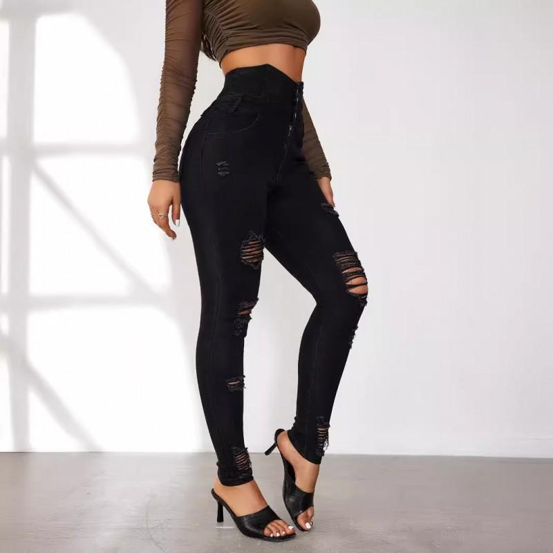 High Waist Ripped Skinny Jeans Women Stretch Denim Pants Streetwear Slim Fit Tapered Leg
