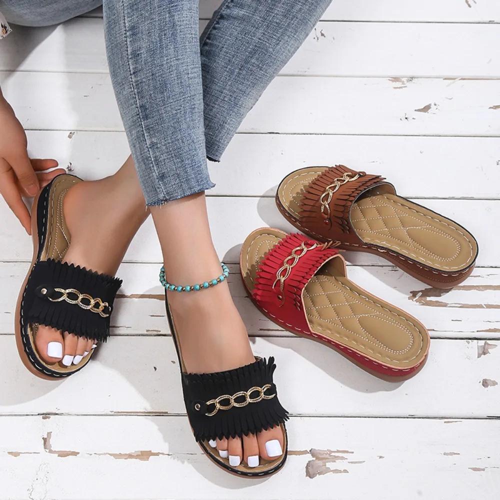 Модные женские танкетки Нескользящие ПУ Водонепроницаемые Ретро Однотонные Шлепанцы Женские Летние Новые Повседневные Пляжные Для Отпуска Сандалии с Круглым Носком