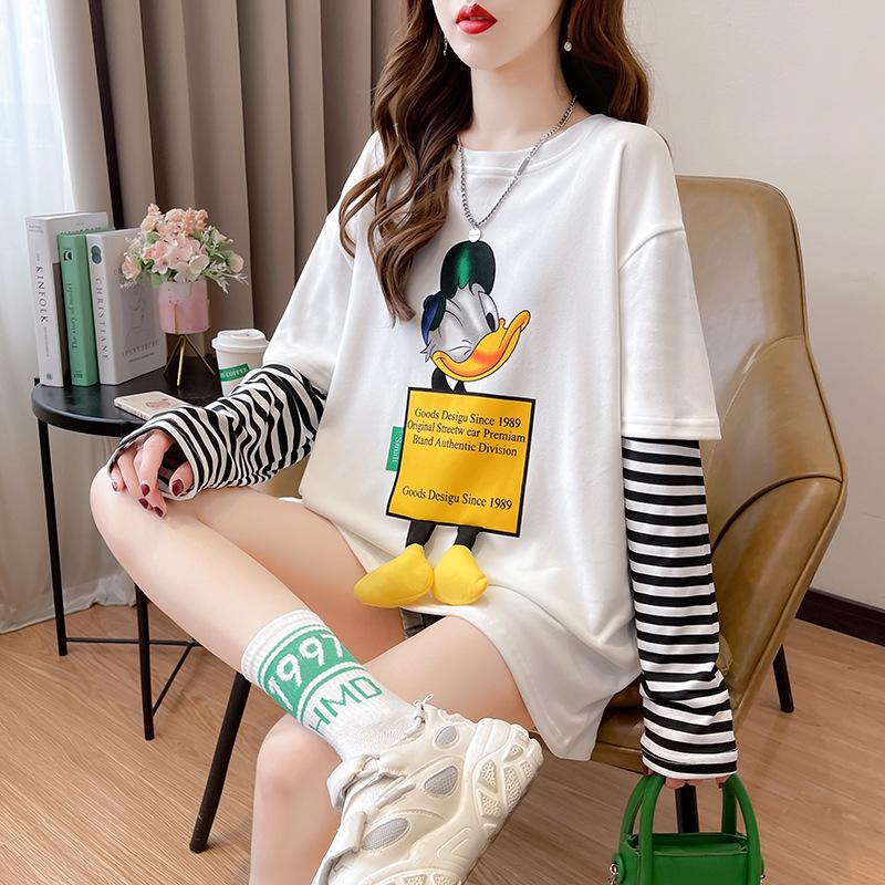 Весна Осень Круглый вырез Модный принт Полосатый Лоскутный Футболка Женская Длинный рукав Свободный Повседневный Базовый Топ