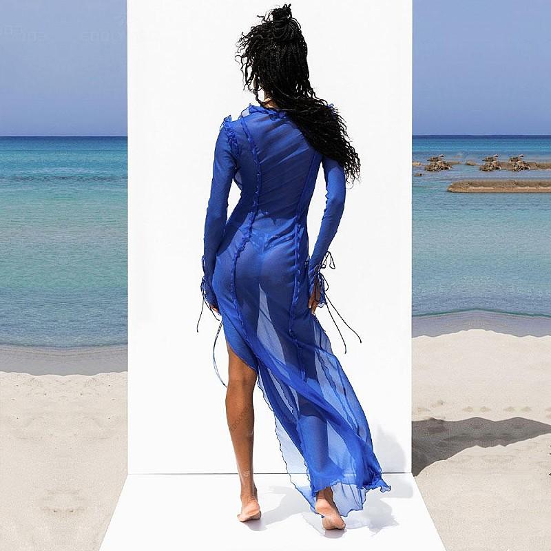 EDOLYNSA Sexy V Neck Perspective Ruffle Drawstring Maxi Dresses Women Spring Summer Elegant Side Split Beach Dress Cover Up A1942