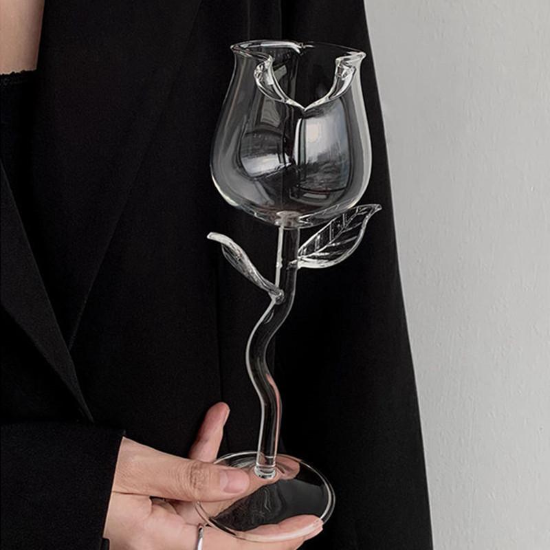 Creative Cocktail Glass Clear Rose Shape Wine Glass with Clear Leaves Glasses Shot Glass Cup Wedding Table Decoration Gift