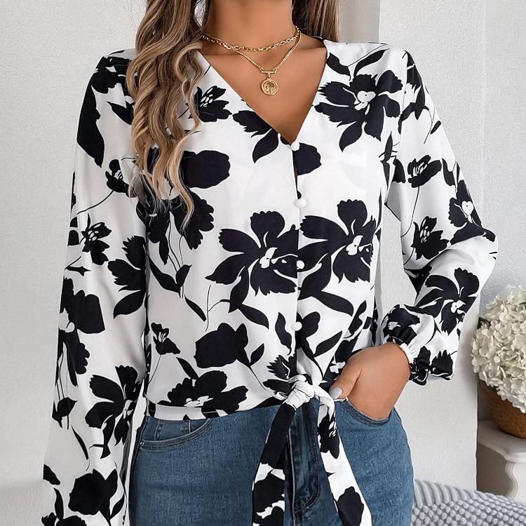 Stylish Print Shirt for Women V-Neck Long Sleeve Season Autumn Spring