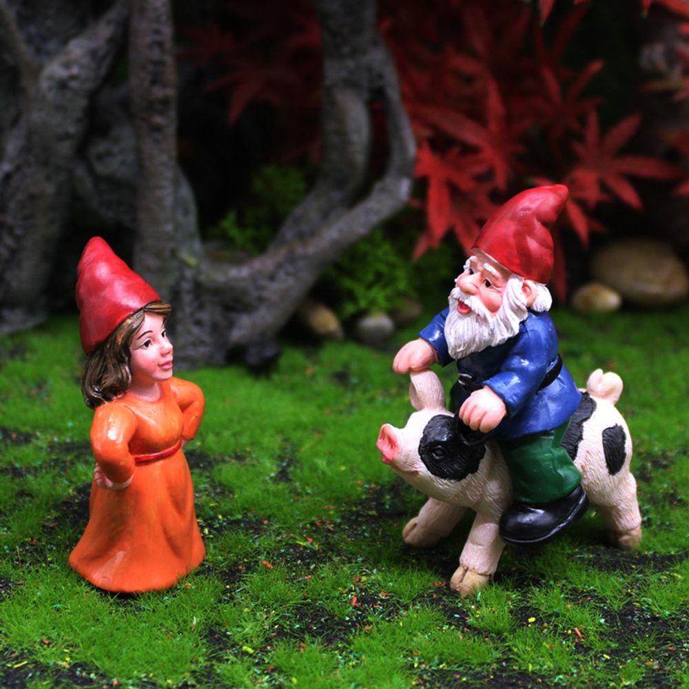 Landscape Female Goblin Statue Miniature Dwarf Figurine Fairy Garden Decorations Riding Pig Gnome