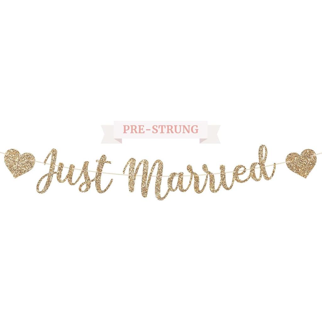 Pre-strung Just Married Banner - No DIY - Gold Glitter Wedding Party Banner in Script - Pre-strung Garland on 6 ft Strand - Gold Wedding Reception
