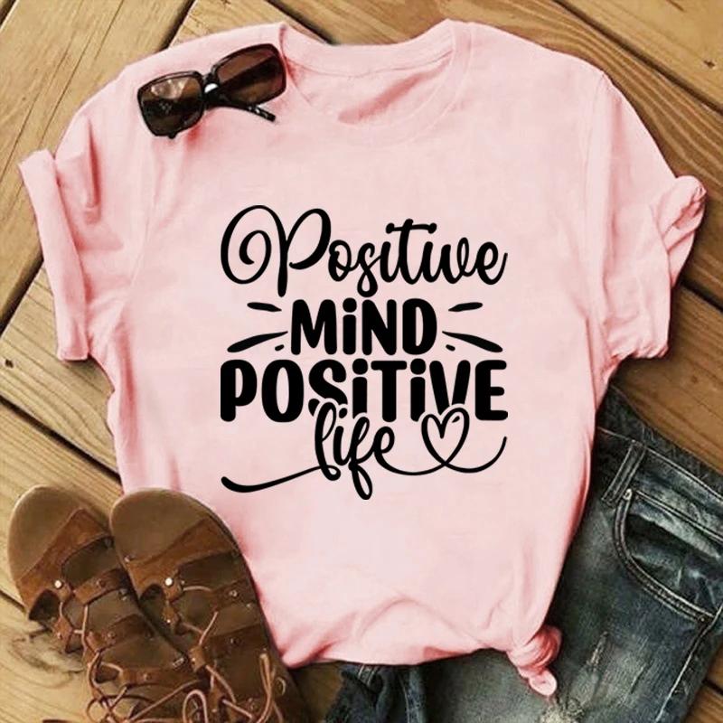 Футболка с принтом Positive Mind Positive Life для женщин и мужчин, летняя, повседневная, с коротким рукавом и круглым вырезом, модные футболки