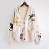 Women's Autumn Winter Embroidered Sweater V-neck Full Sleeve Letter Pattern Pocket Loose Knitted Jacket