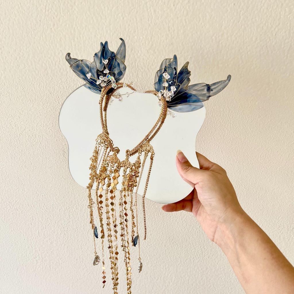 Ancient Xianxia Blue and Black Hanfu Hairpin and Gold Tassel Crown Set for Film and Photography