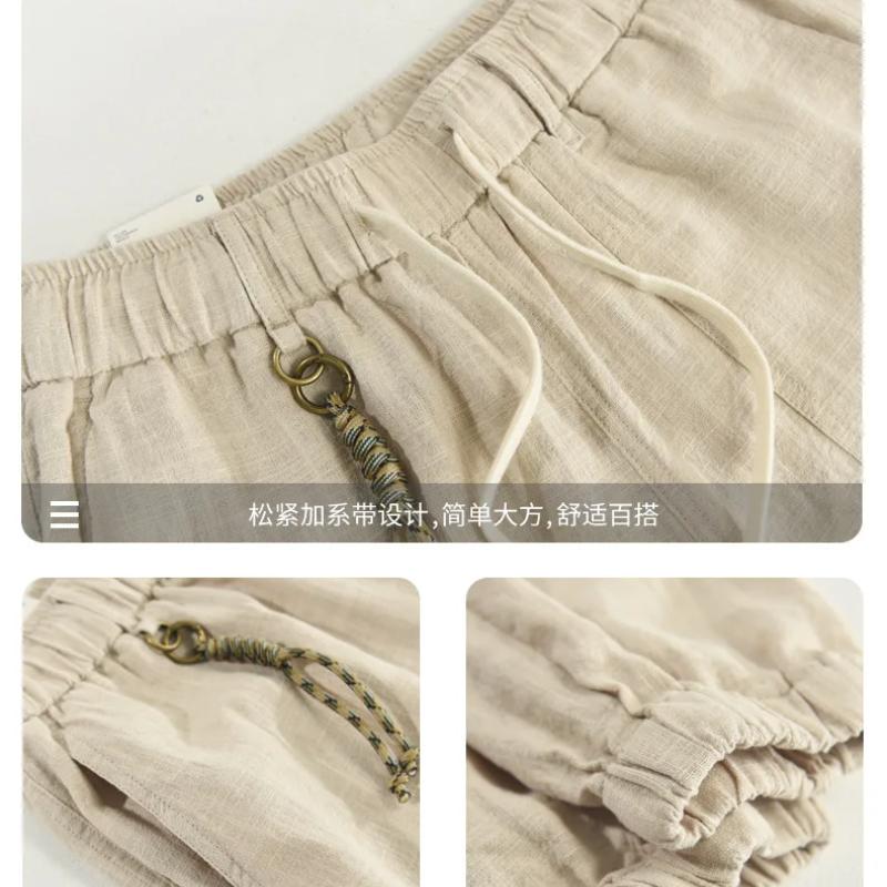 Spring and Summer Cotton Linens Pants for Men Streetwear Casual Cargo Pants Solid Ankle-Tied Drawstring Elastic Waist Men Trousers Japanese Loose Pant