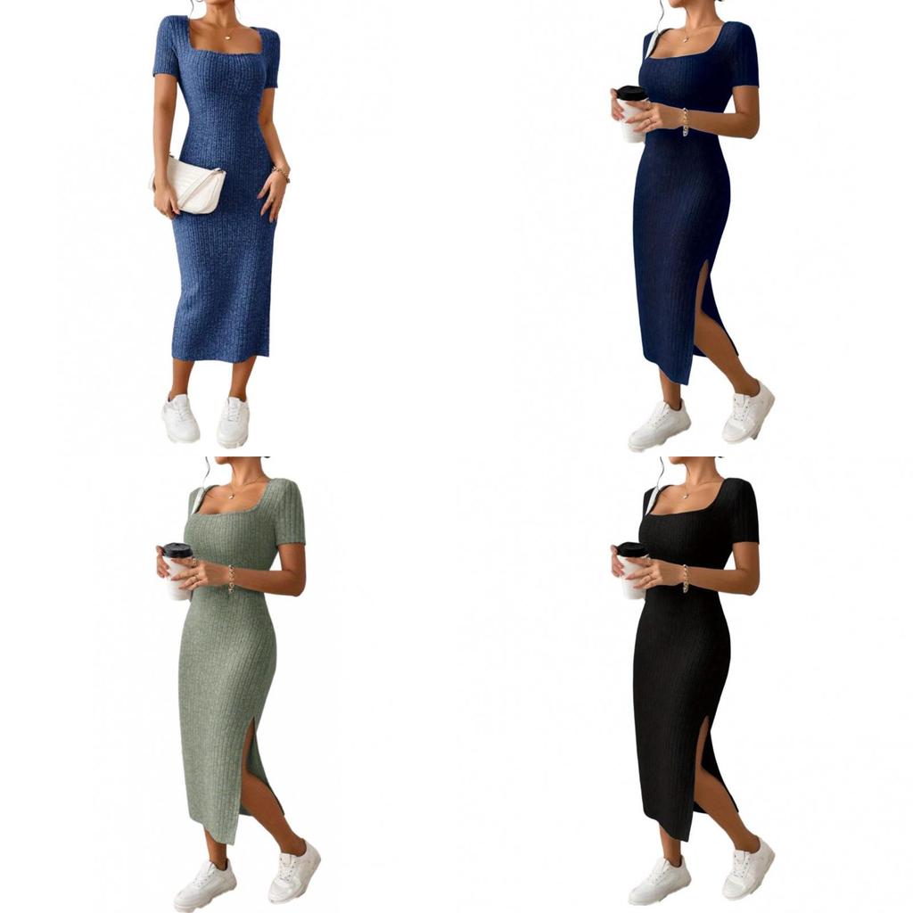 Summer Dress Women Satin Fabric Bodycon Open Slit Casual Elegant For Office Wear