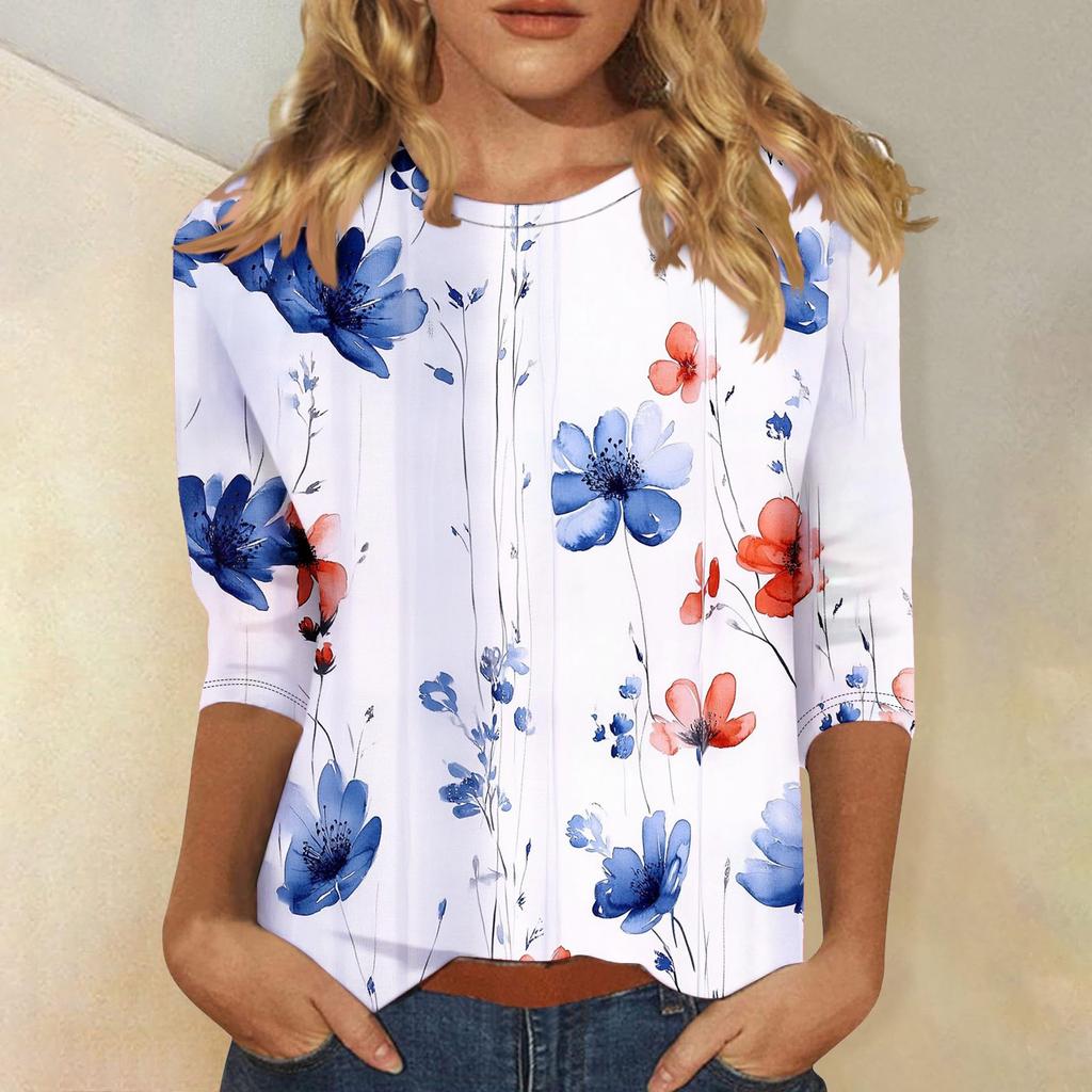 Женская мода повседневная три четверти рукава цветочный принт горловина топ