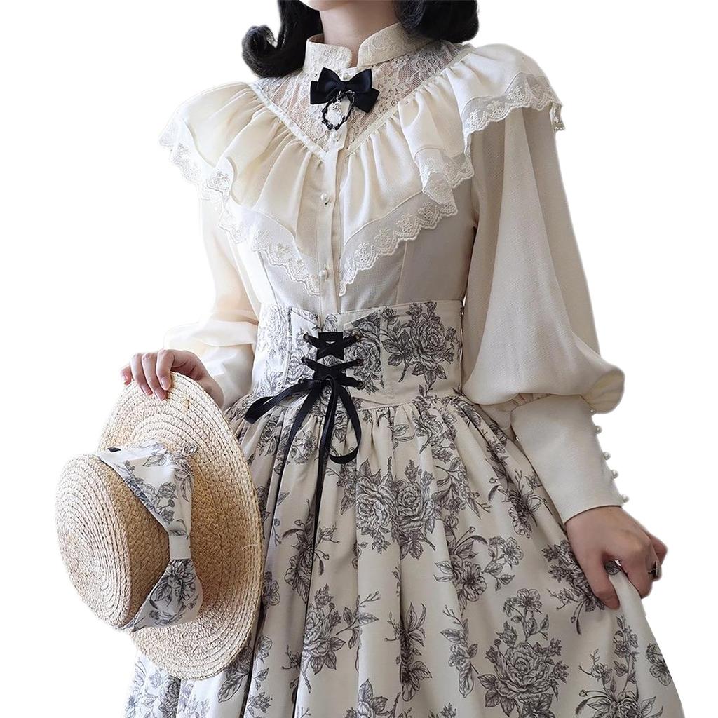 LAVASEON Long Sleeve Retro Perfect for Cute Lace and Balloon Office Princess Mori Girl No Bow Women's Blouse, Commuting, Ruffles, Stand-Up Collar,