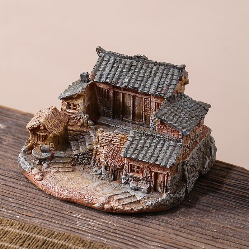 Decorative Mini Resin House Chinese Style Resin Bonsai Landscaping Retor Mini House Retro Building Home Desk