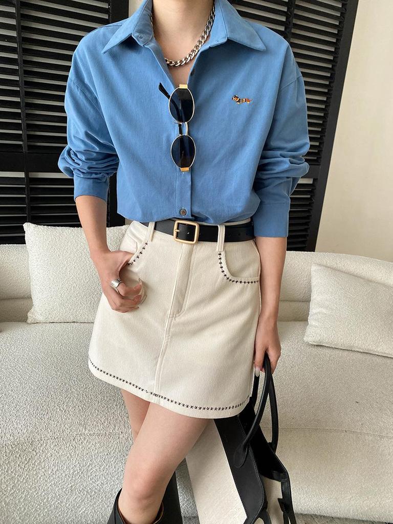 Sinan Early Spring Cartoon Puppy Embroidery Loose Cotton Long Sleeve Shirt