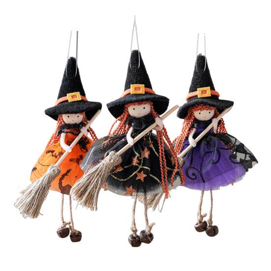 Halloween Witch Doll Decor with Broom Small Witch Figurine with Gauze Skirt Kitchen Hanging Witch Ornament for Room Door Window Halloween Decor