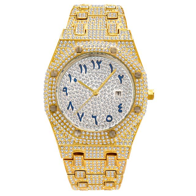 Хип-хоп Уникальные арабские мужские часы Дата Кварцевые наручные часы Золото Серебро Нержавеющая сталь Роскошные часы с бриллиантами для мужчин Ювелирные изделия