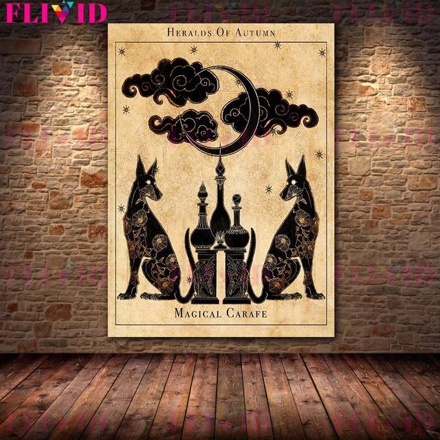 Дом-призрак и черная магия, ретро, ​​настенная живопись, холст, картина, вороны и черная луна, волшебство, поклонение, художественный постер
