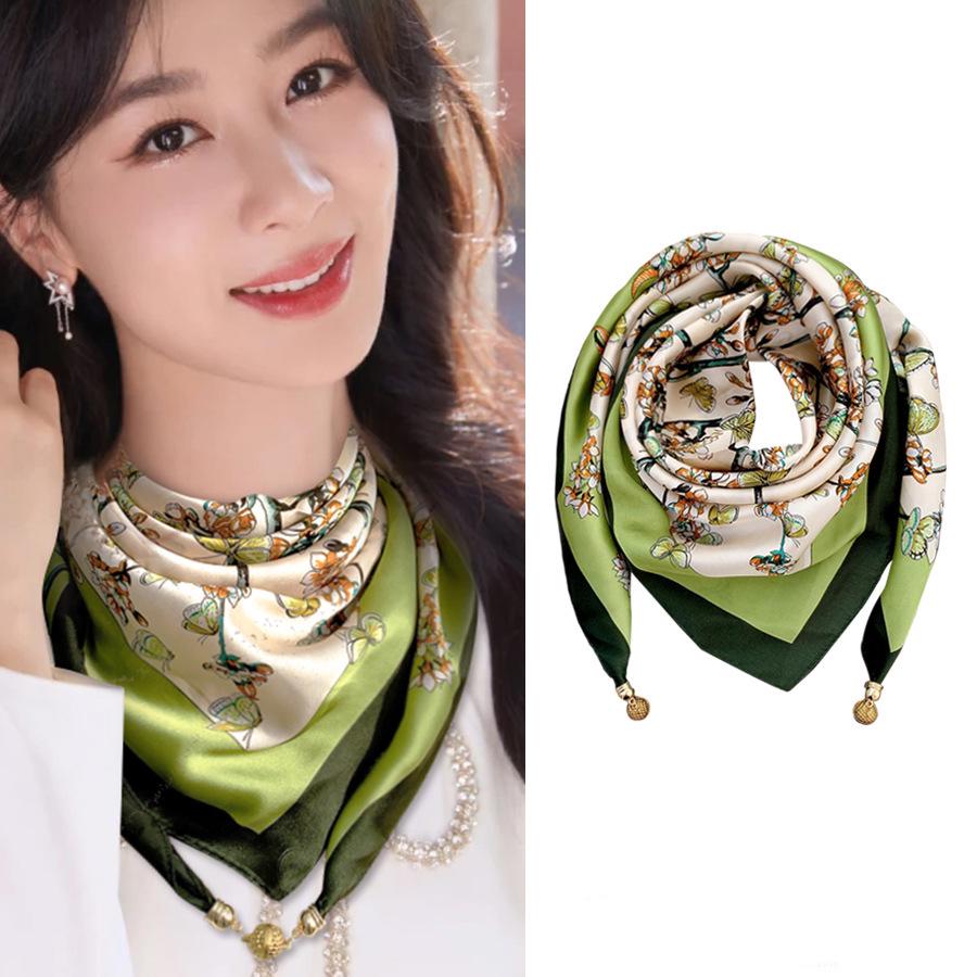 Magnetic Buckle Silk Neck Scarf: Triangle Design for Women, 70x70cm, Lightweight Spring/Summer/Autumn Accessory