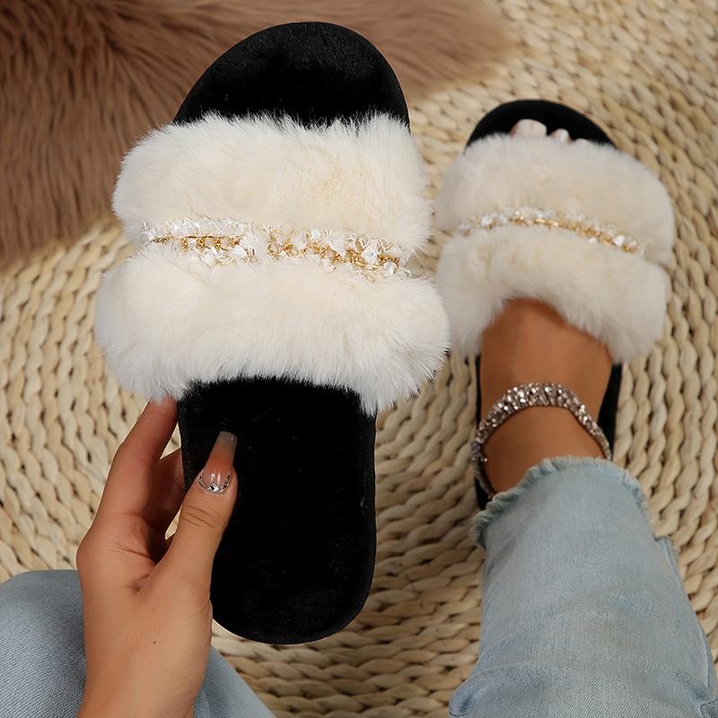 Fashion Luxury Pearl Decor Home Fur Slippers Women Winter Indoor Cozy Open Toe Fluffy Slides Woman Mixed Color Plush Warm House Slippers