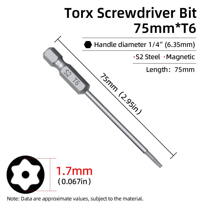 75 мм магнитные биты Torx для отвертки, биты с защитой от несанкционированного доступа T6-T40, полая головка в форме цветка сливы S2 1/4'', шестигранник для ручных электроинструментов