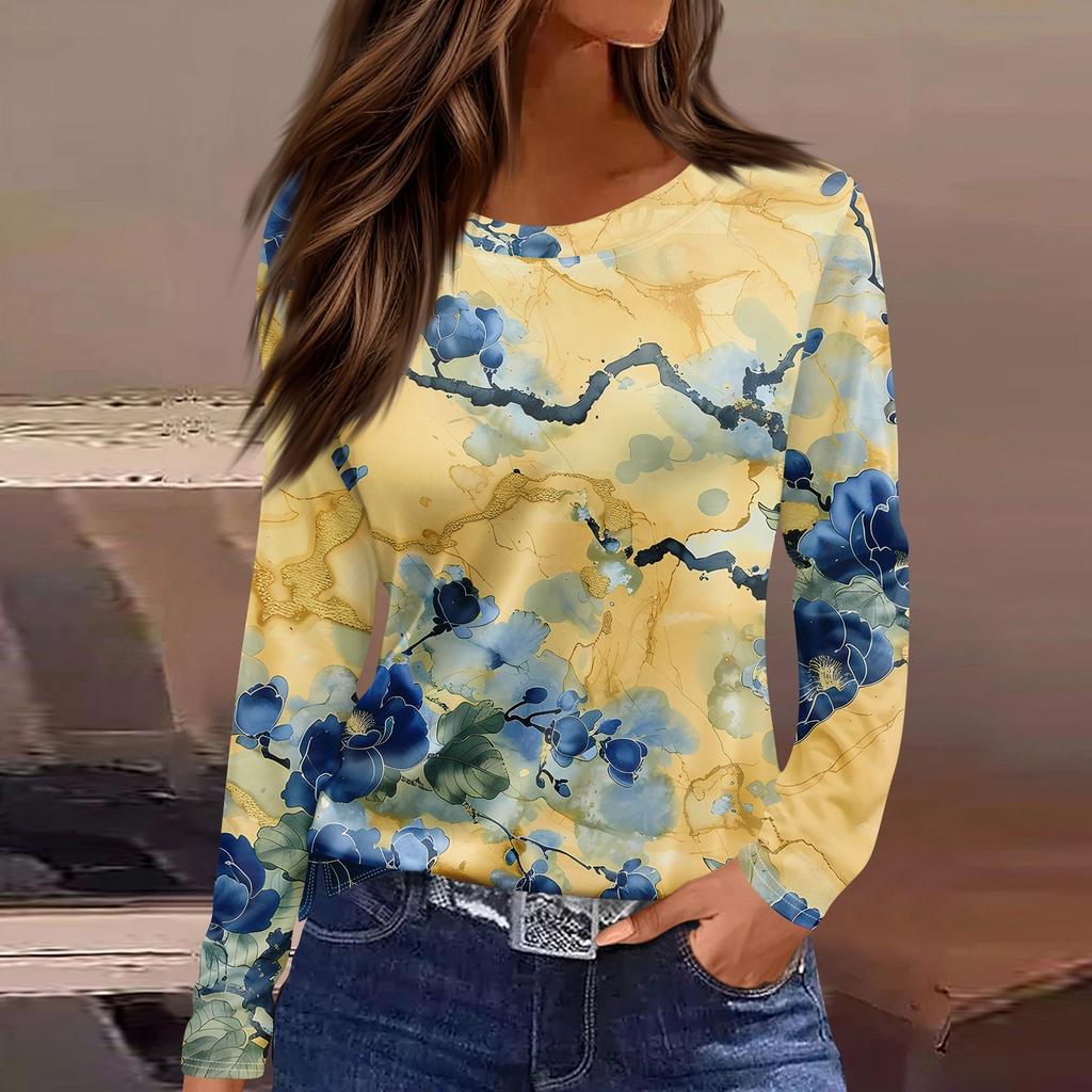 Женская модная повседневная свободная футболка с принтом и круглым вырезом с разрезом и длинным рукавом, женский топ