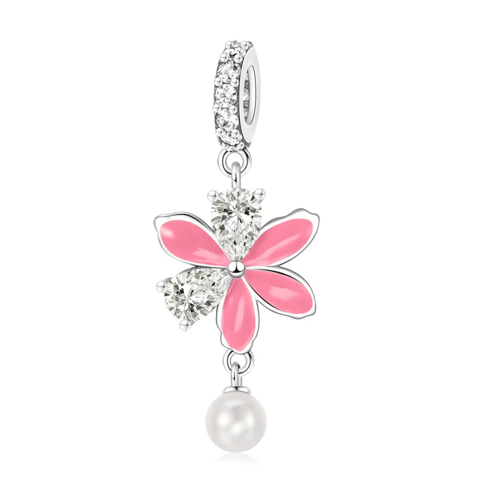 925 Silver Octopus Beads Snake Bracelet with Heart Dangle Charm Pink Pendant Gift for Her