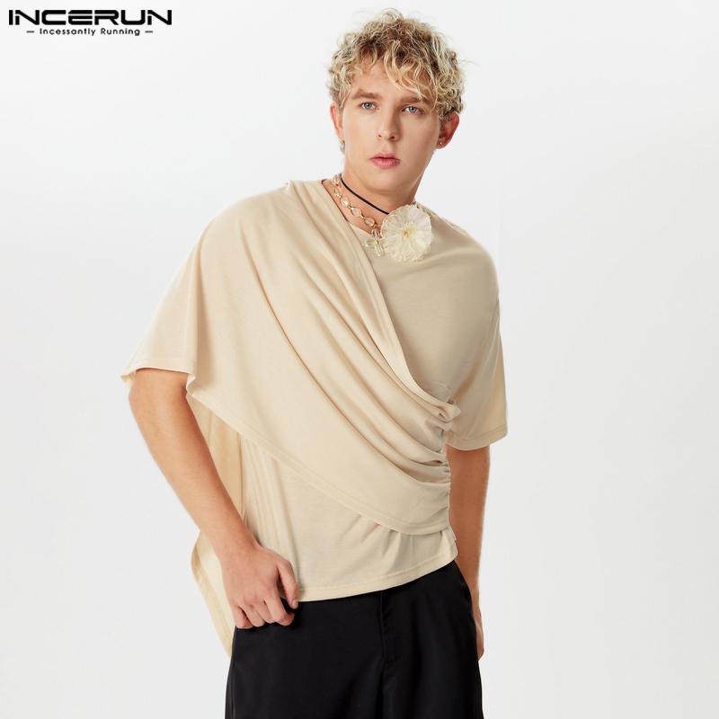 INCERUN Мужские нестандартные топы с рюшами, повседневные однотонные футболки из ткани