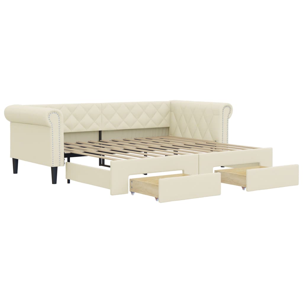 Pull out Daybed with Drawers Cream 90x200 cm Faux Leather