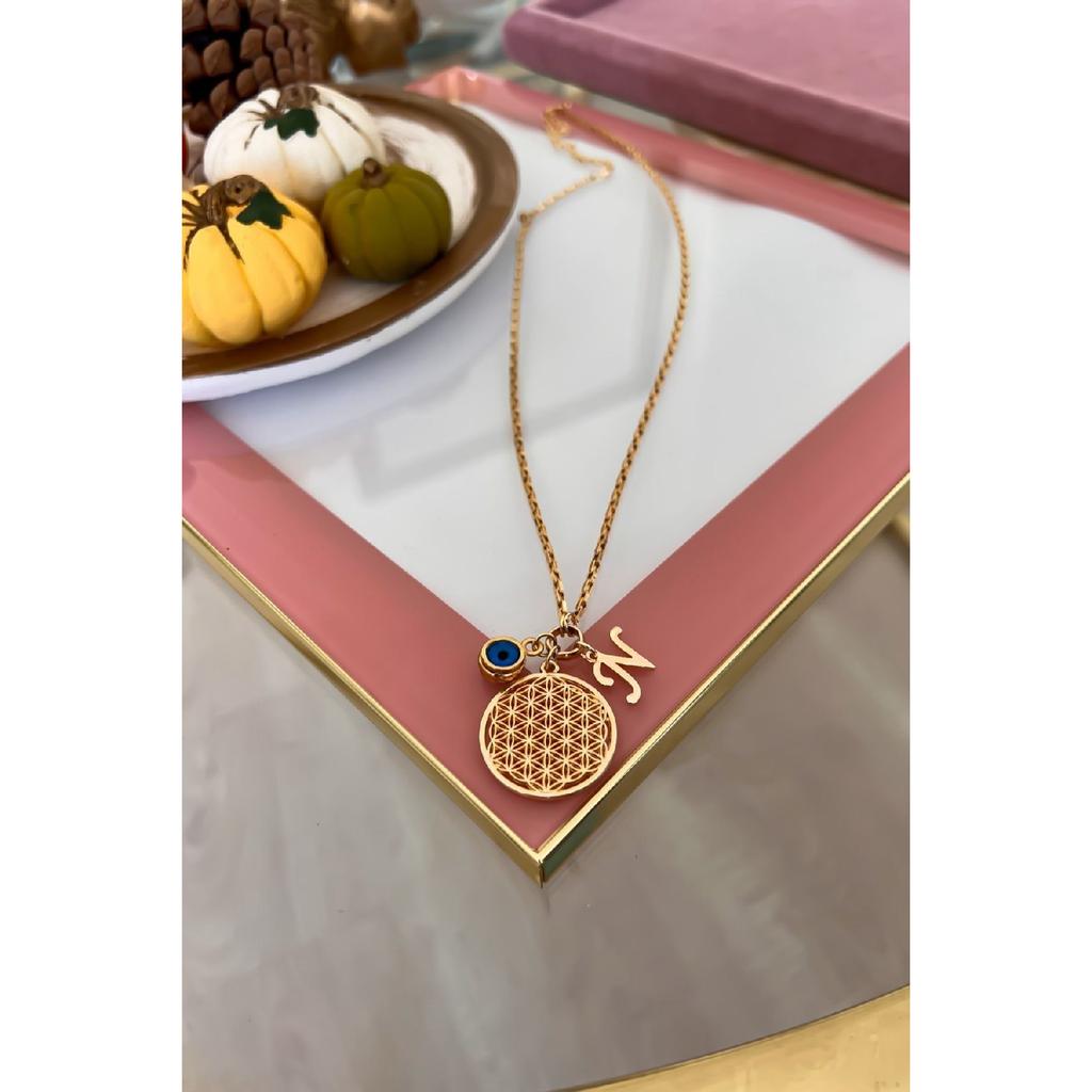 Персонализированное колье «Цветок жизни» с буквой N и подвеской от сглаза