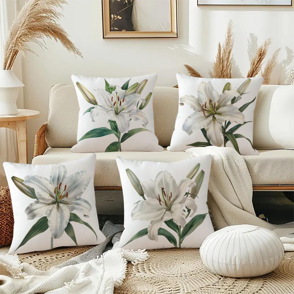 4Pcs Lily Plant Flower Design Digital Printing Pillow Cover Short Plush Suitable Living Rooms Bedrooms Sofas Throw Cushion Cover