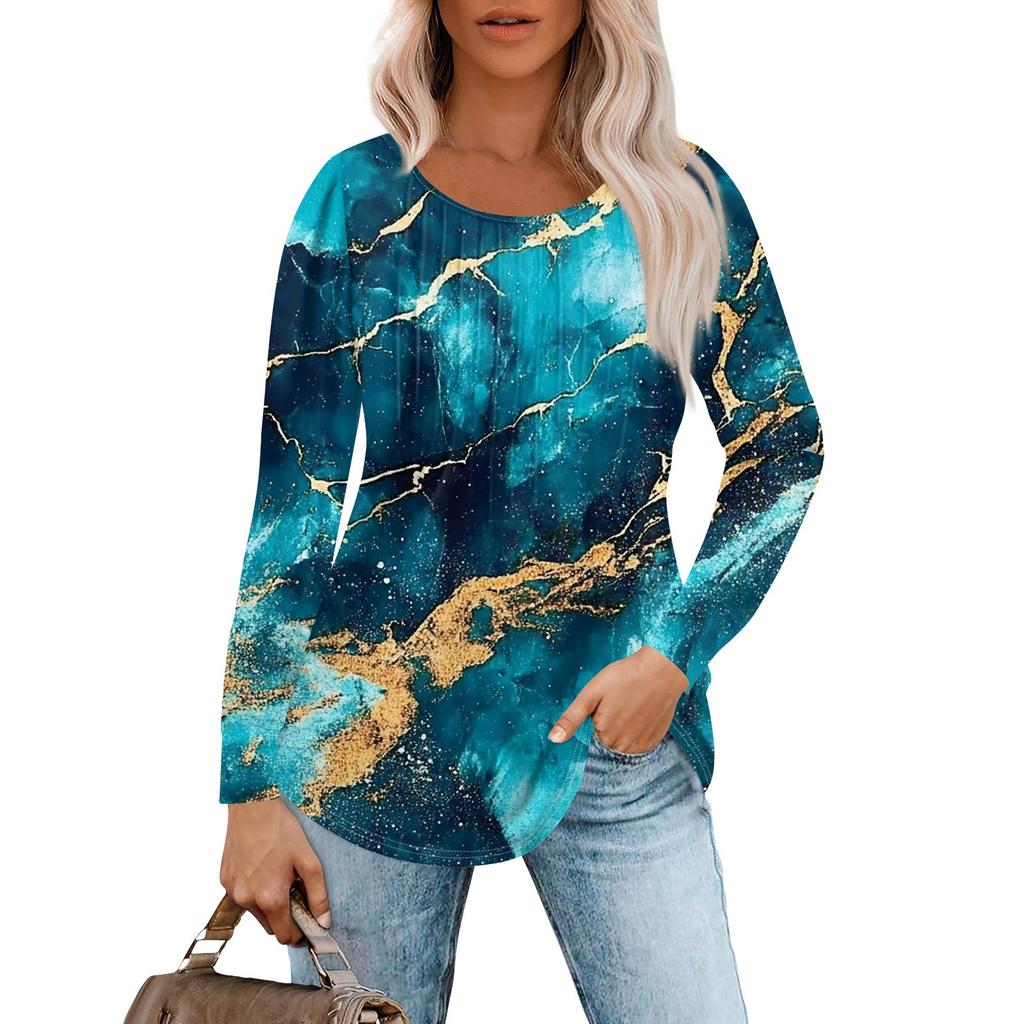 Женская модная повседневная плиссированная футболка с круглым вырезом и принтом, с длинным рукавом