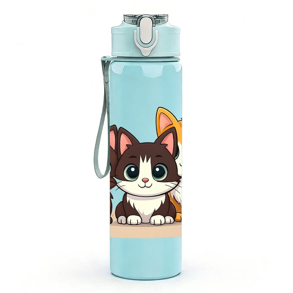 1PC Two Cute Kittens Cartoon 750ml Color Plastic Sports Water Bottle Leakproof Flip Straw Lid Suitable for Sports Office Home Use