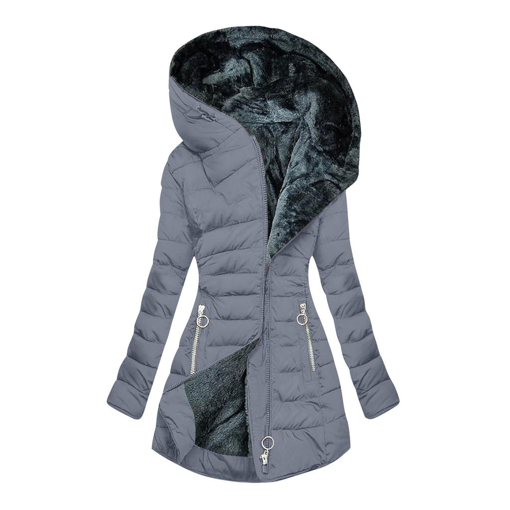 Solid Color Long Sleeve Zippered Slim Fit Women's Winter Hooded Jacket