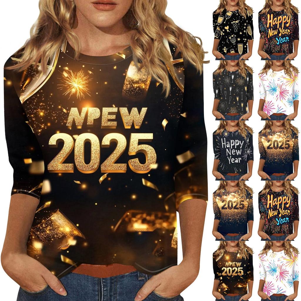 Женская мода повседневная новогодняя принтованная круглая горловина с рукавом три четверти топ Новый год 2025