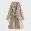 2024 Spring European & American Women's Solid Color Hooded Mid-Length Belted Woolen Coat