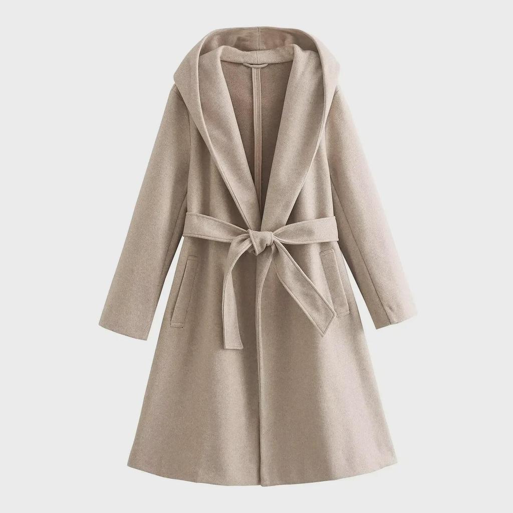 2024 Spring European & American Women's Solid Color Hooded Mid-Length Belted Woolen Coat