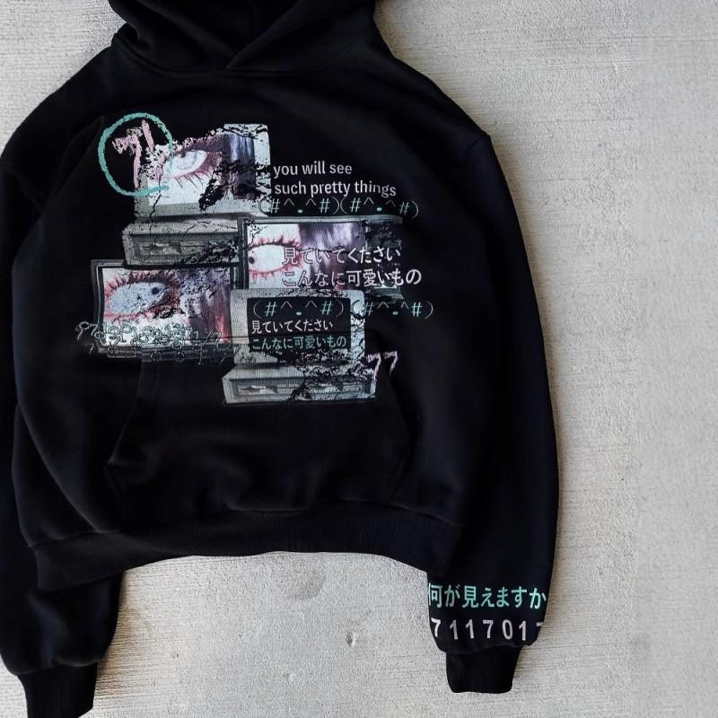 Dark Print Hoodie Long Sleeve Pullover Streetwear Y2K Top Women